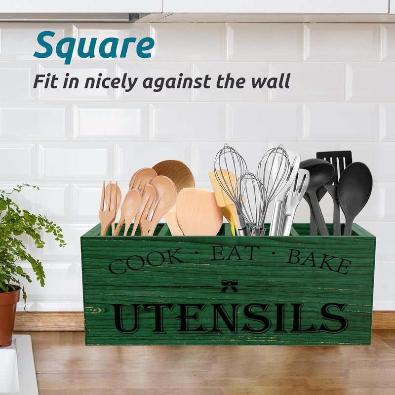 Suli Extra Large Kitchen Utensils Holder with 4 Compartments, Wooden Utensil Organizer for Kitchen Countertop, Farmhouse Decor, Rustic Cooking Utensil - Green grain - Image 5